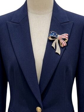 American Flag Bow Brooch Patriotic Pin USA Red White Blue 4th of July Enamel NWT